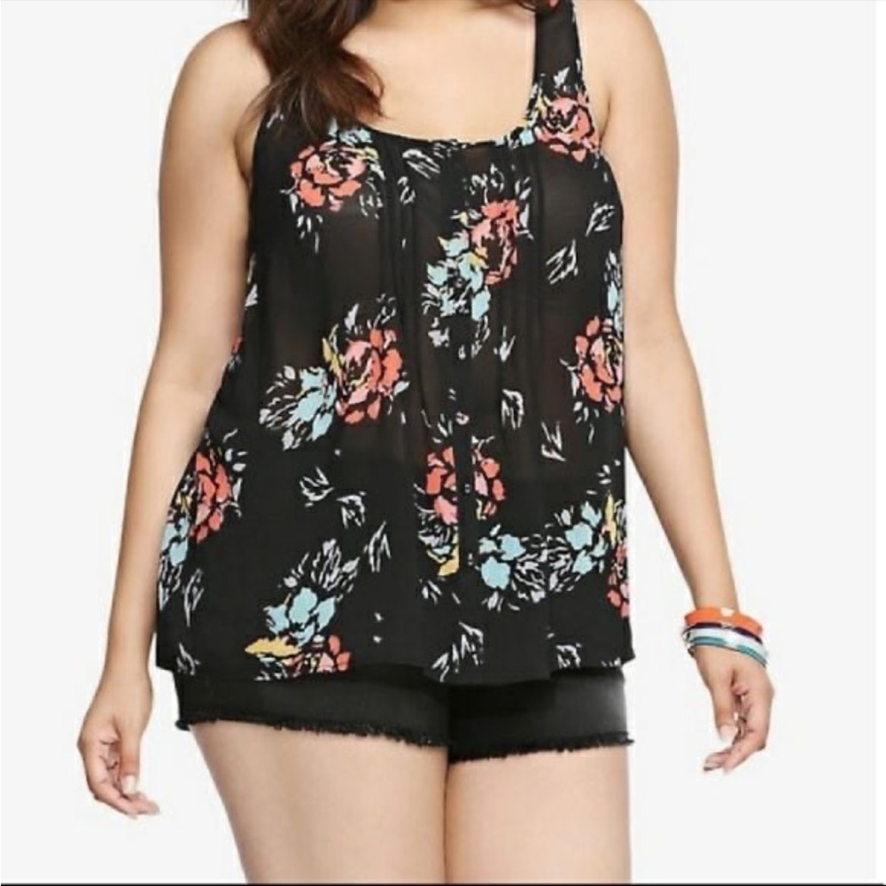 Torrid Size 1 Black Floral Sleeveless Button Front Tank Top